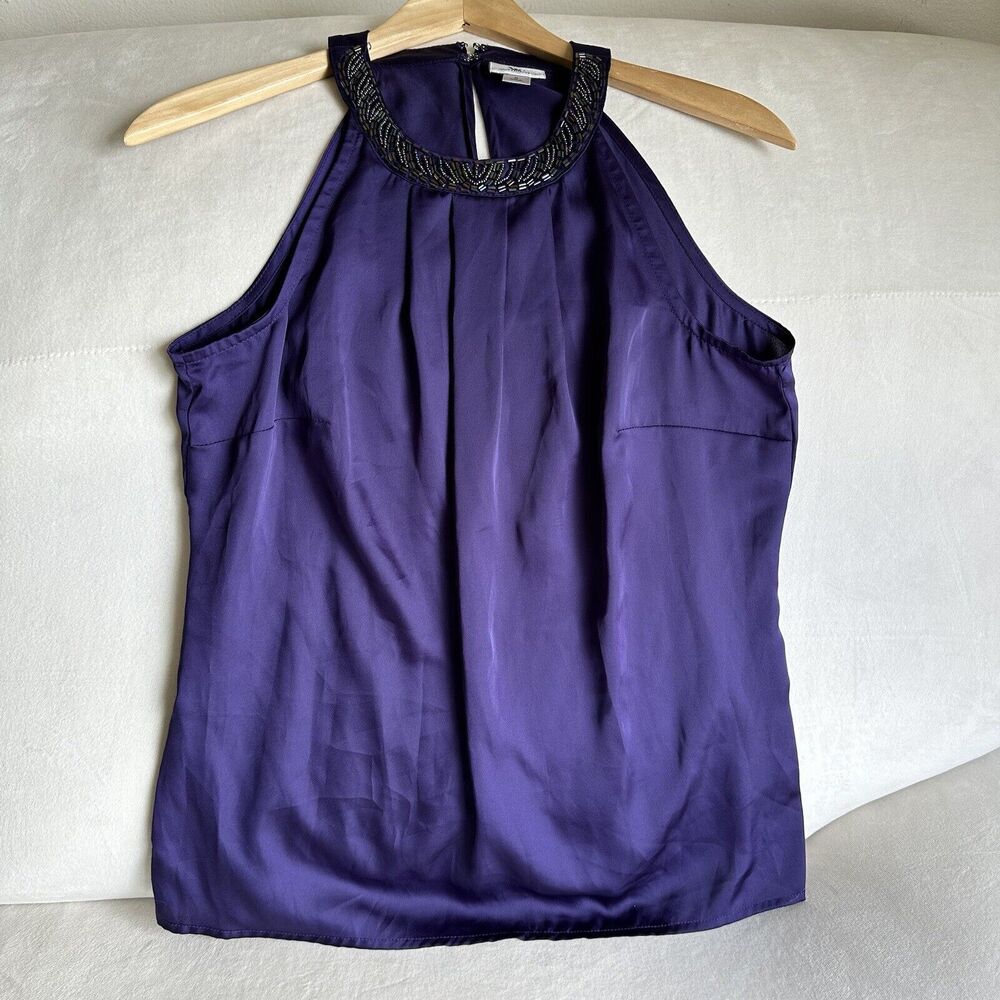 Worthington Beaded Sequin Collar Halter Purple Sleeveless Top Blouse Sz S B11